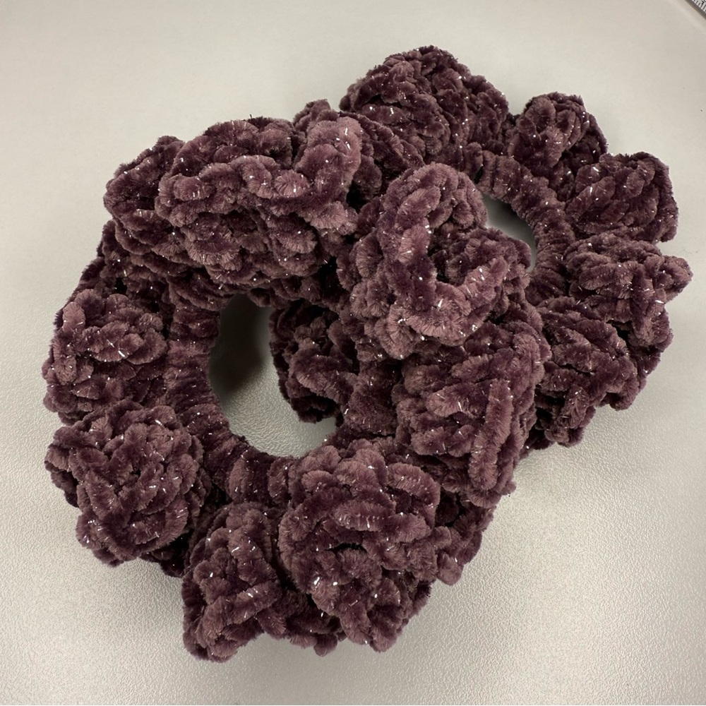 Velvet Plush Glitter Crochet Scrunchie - Set of 2 Handmade Deep Purple Glitter